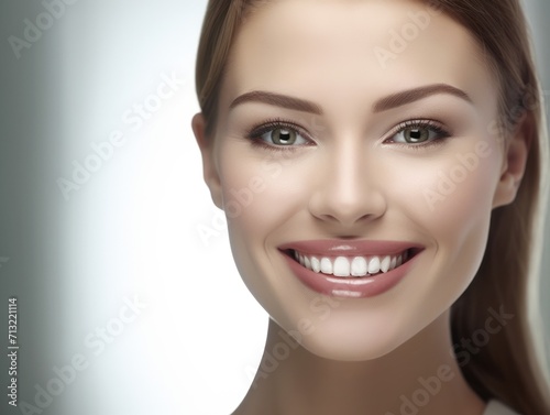 Beautiful wide smile of healthy woman  white teeth close up. Generative AI