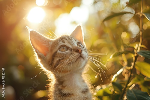 A close-up photo of a young kitten looking up at the camera, with a sunlit garden in the background