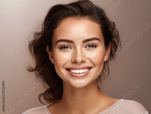 Beautiful wide smile of healthy woman, white teeth close up. Generative AI