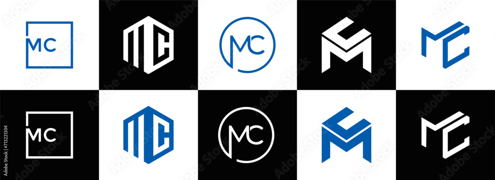 MC logo. M C design. White MC letter. MC, M C letter logo design. Initial letter MC linked circle uppercase monogram logo. M C letter logo vector design. MC letter logo design five style.	
