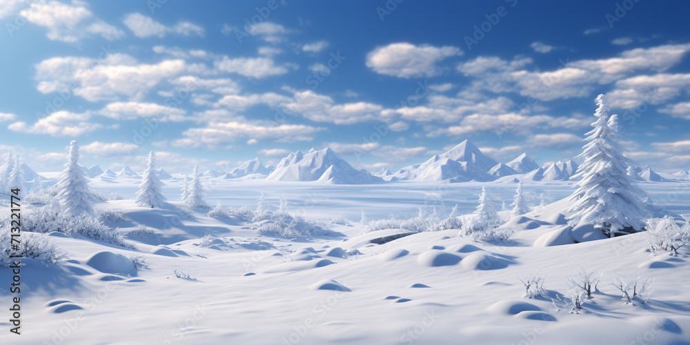 High snowy mountains Snow drifts close up. Snowy surface on a sunny day. Winter snow texture Cold Snow Scene Very Beautiful 3d Showing Many Trees .