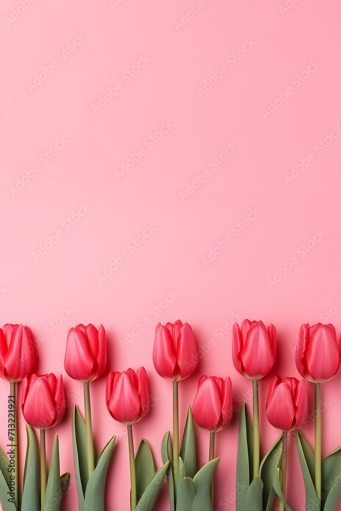 Many red tulips arranged in a row on a plain background. Many red tulips arranged in a row on a plain background.