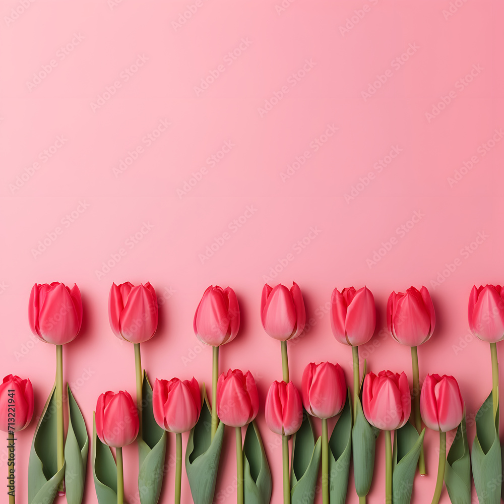 Many red tulips arranged in a row on a plain background. Many red tulips arranged in a row on a plain background.