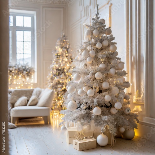 minimalist white living room with stylish pink and white Christmas tree 