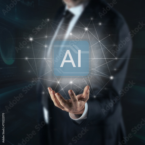 Man using Artificial Intelligence. Enter prompt for generate with AI. Futuristic technology concept.