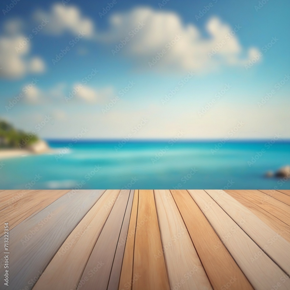 Wooden table top on blurred summer blue sea and sky background