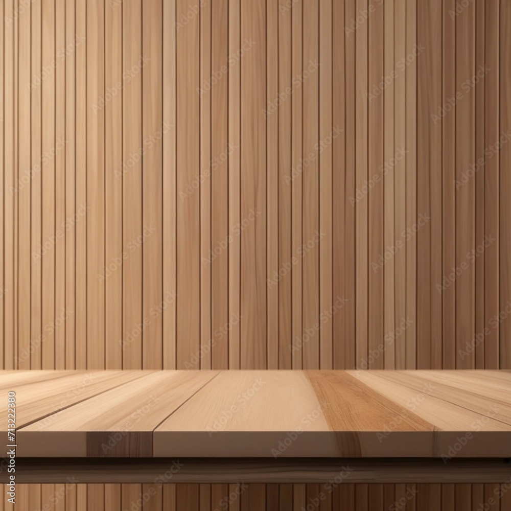 Wooden tabletop or countertop in modern and minimal beige brown wall room Wooden tabletop or countertop in modern and minimal beige brown wall room