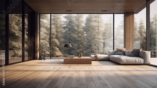 large luxury modern interiors room with wooden floor and big glasses window