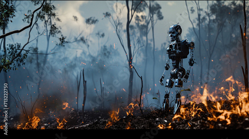 Business and Artificial Intelligence. Using artificial intelligence against global warming. Robot standing next to burning forest. Save the earth. Global warming