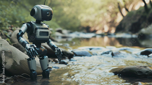 Business and Artificial Intelligence. Using artificial intelligence against global warming. Robot standing next to dirty flowing stream. Save the earth. Global warming