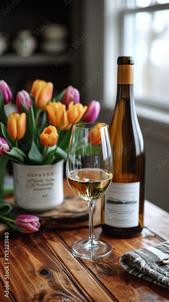 a bottle of wine, two glasses and a bouquet of flowers. AI generative. a bottle of wine, two glasses and a bouquet of flowers. AI generative.
