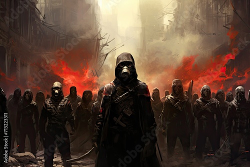 War Concept, World War military Soldiers Silhouettes fighting scene on war fog sky background, Attack scene, Armored battle, soldiers in a burning city with gas masks. © Jahan Mirovi