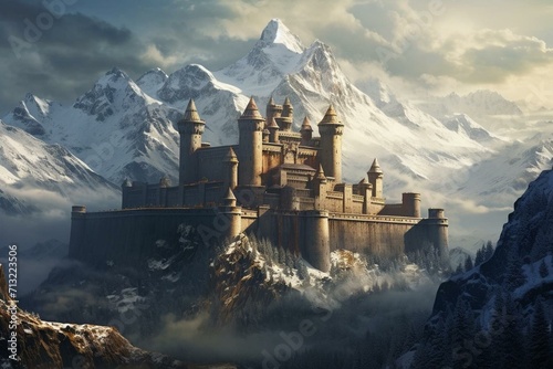 image of a majestic ancient fortress amidst snowy mountain range. Generative AI