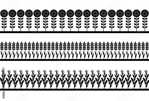 Seamless borders with agriculture fields, farm lands symbols. Concept of countryside, plants on plantation. Vector cartoon black silhouettes of wheat, sunflowers and corn isolated on white background