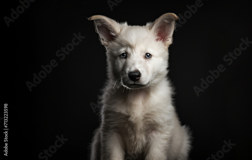small White Swiss Shepherd puppy in a dark room