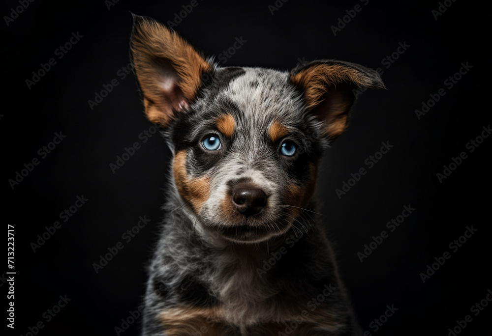 small Australian heeler puppy in a dark room small Australian heeler puppy in a dark room