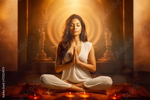 Mature Indian woman adorned with exquisite and sophisticated loose hair. Lady immersing in meditation practices seeking solace with tranquility in lotus pose