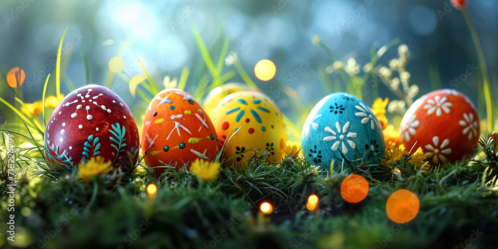 Easter background with coloured eggs. AI generative. Easter background with coloured eggs. AI generative.