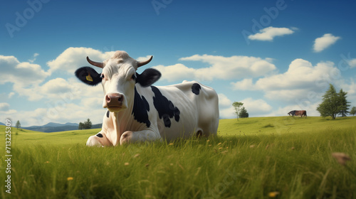 Cow sitting in grass on a field on a sunny day