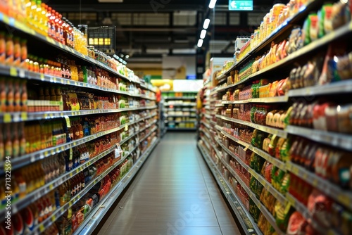 Supermarket, Discover the diverse assortment of products in the long and bright aisle. Generative AI