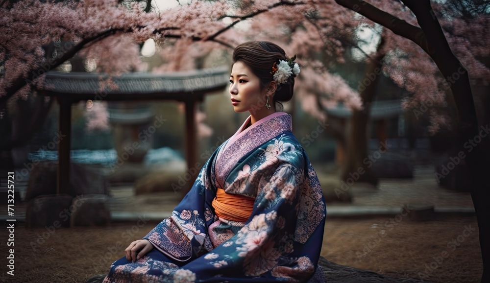 A geisha woman adorned in a traditional kimono sits serenely under a blooming tree, her elegant robe blending seamlessly with the natural surroundings A geisha woman adorned in a traditional kimono sits serenely under a blooming tree, her elegant robe blending seamlessly with the natural surroundings
