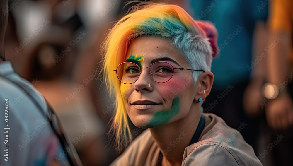 Obraz premium A vibrant and confident woman with colorful hair and stylish glasses radiates joy as she stands on a busy street, showcasing her unique sense of fashion and individuality