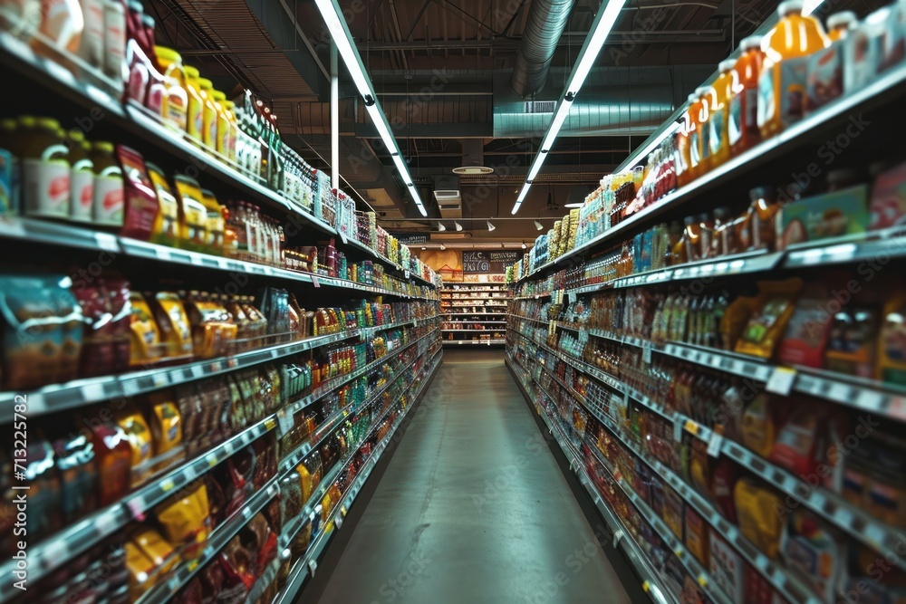 Supermarket, Discover the diverse assortment of products in the long and bright aisle. Generative AI