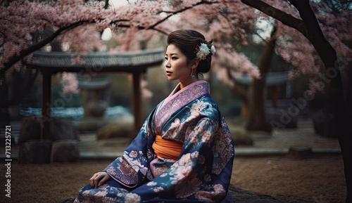 A geisha woman adorned in a traditional kimono sits serenely under a blooming tree, her elegant robe blending seamlessly with the natural surroundings