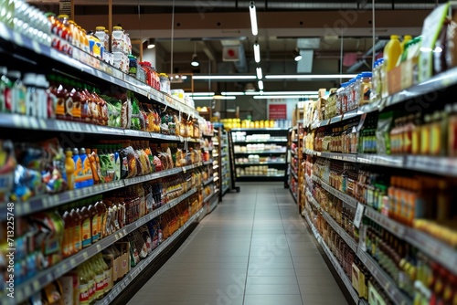 Supermarket, Discover the diverse assortment of products in the long and bright aisle. Generative AI