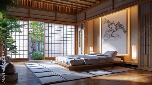 A Japanese-inspired bedroom with tatami mats, shoji screens, and a low-profile bed