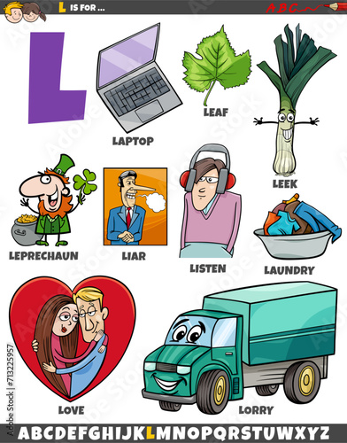 Letter L set with cartoon objects and characters