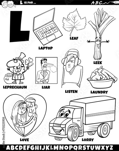 Letter L set with cartoon objects and characters coloring page