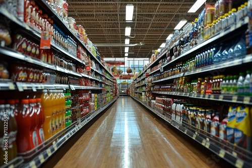 Supermarket, Discover the diverse assortment of products in the long and bright aisle. Generative AI