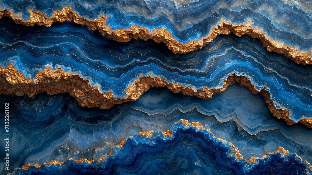 Sapphire blue marble stone with gold vein. Vivid graphite texture geode wallpaper background