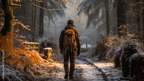 Adventurer backpacker man in winter forest illustration