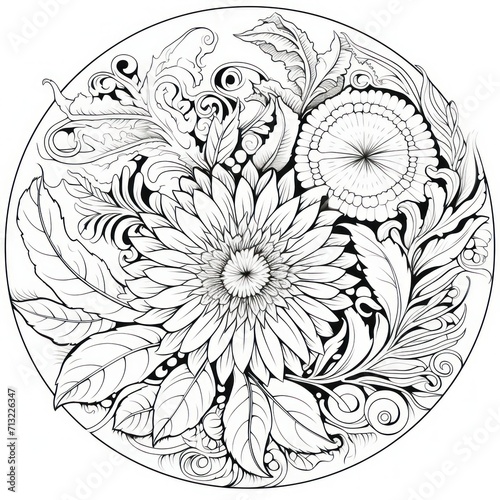 black and white printable coloring book  with detailed decorative echinacea mandala flowers and balls  intricate shapes  for coloring book  with nature elements  leaves and branches. coloring concept 