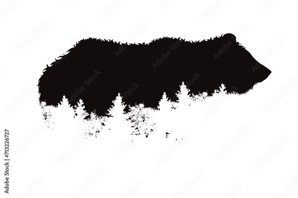 Vector silhouette of bear with forest on white background. Symbol of wild animal and nature.