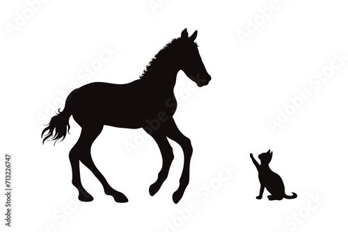 Vector silhouette of horse with cat on white background. Symbol of stallion and pet.