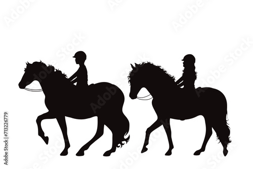 Vector silhouette of children riding a horses on white background. Symbol of animal and horse riding.
