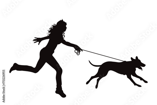 Vector silhouette of a dog pulling a woman on a white background. Symbol of pet and disobedience.