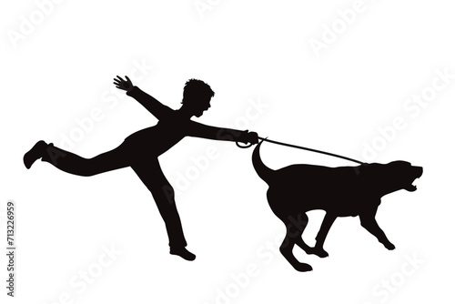 Vector silhouette of a dog pulling a boy on a white background. Symbol of pet and disobedience.