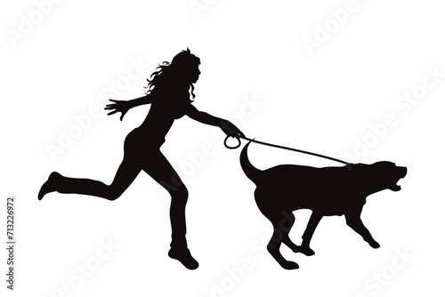 Vector silhouette of a dog pulling a woman on a white background. Symbol of pet and disobedience.