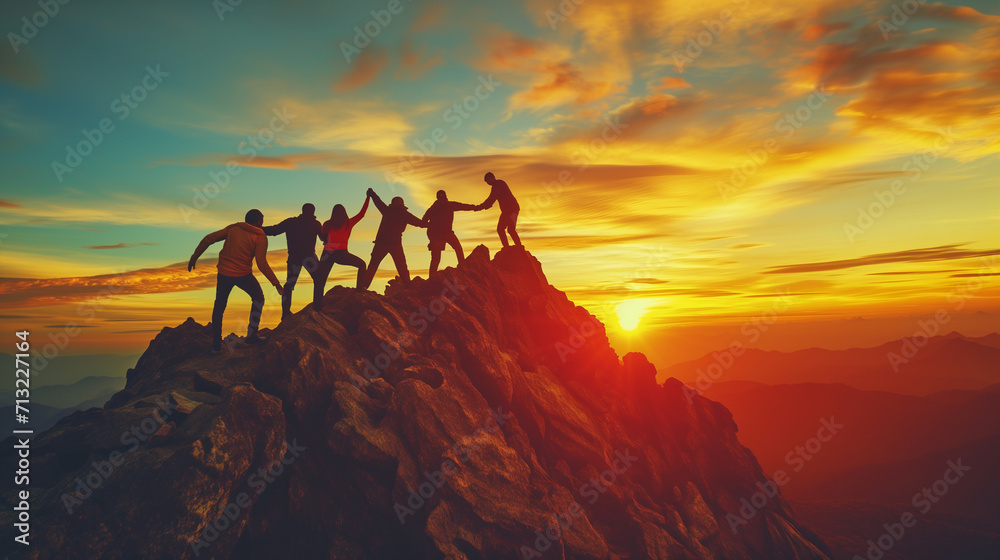 a group of people holding hands helping each other to keep their balance standing on a rocky peak against the background of a beautiful sky and sunrise or sunset showing yellow orange colors