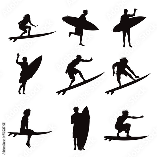 Photography Collection of vector silhouette of man surfing on white background