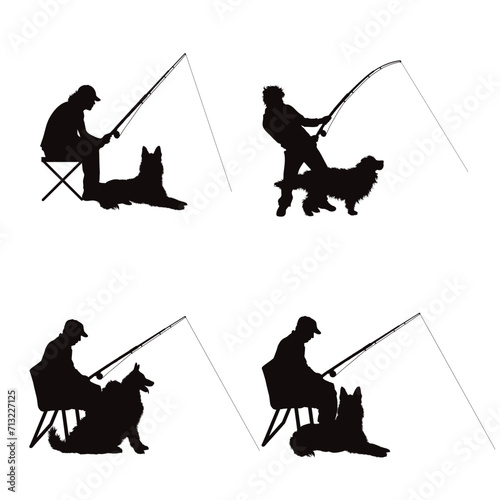 Collection of vector silhouette of man fishing with his dog. Symbol of sport and nature.