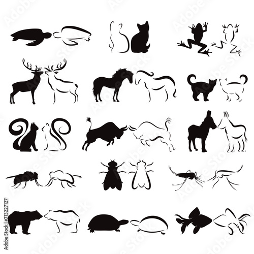 Vector silhouettes of different animals on a white background. Symbols domestics and wild animal.