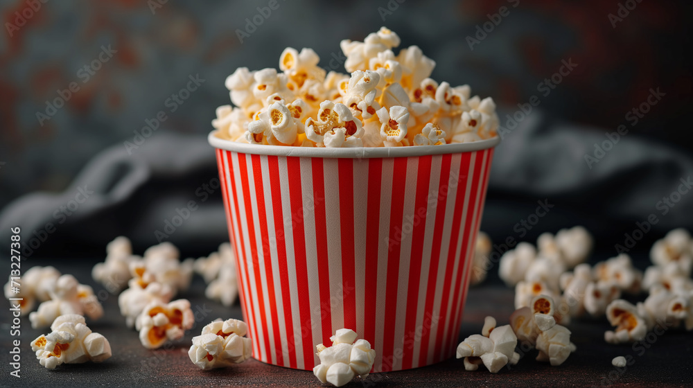 a paper popcorn bucket with red and white stripes, completely filled and popcorn scattered nearby a paper popcorn bucket with red and white stripes, completely filled and popcorn scattered nearby