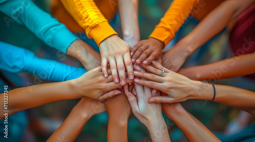 many human hands put their palms together in a circle, bright motivational image photo