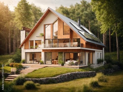 Efficiency energy rating concept. Sustainable development and an eco-house. Ecological house with low consumption on renovation with insulation design. photo