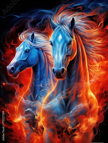 vertical image of blue running fiery horses. concept animals, horses, art © Aksana